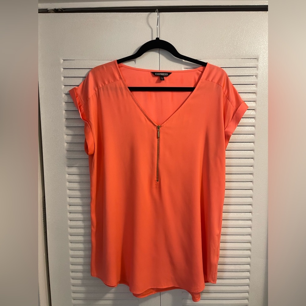 Express Zipper Short Sleeve Shirt - Bright Orange/ Coral (L)
